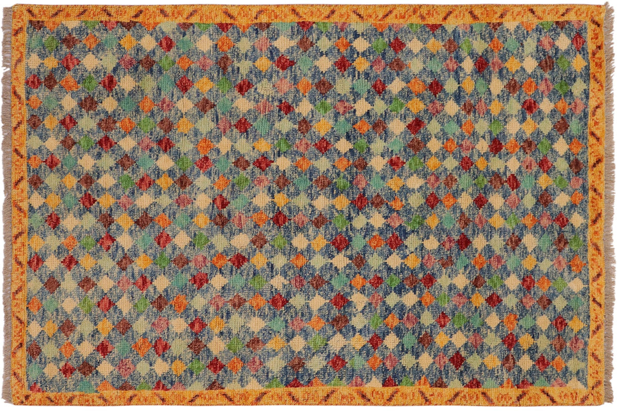 handmade Modern Balouchi Blue Gold Hand Knotted RECTANGLE 100% WOOL area rug 4x5