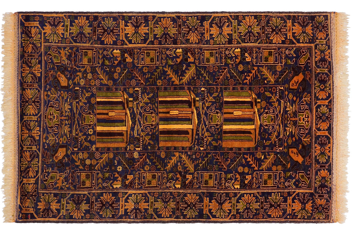 handmade Geometric Balouchi Blue Brown Hand Knotted RECTANGLE 100% WOOL area rug 4x7