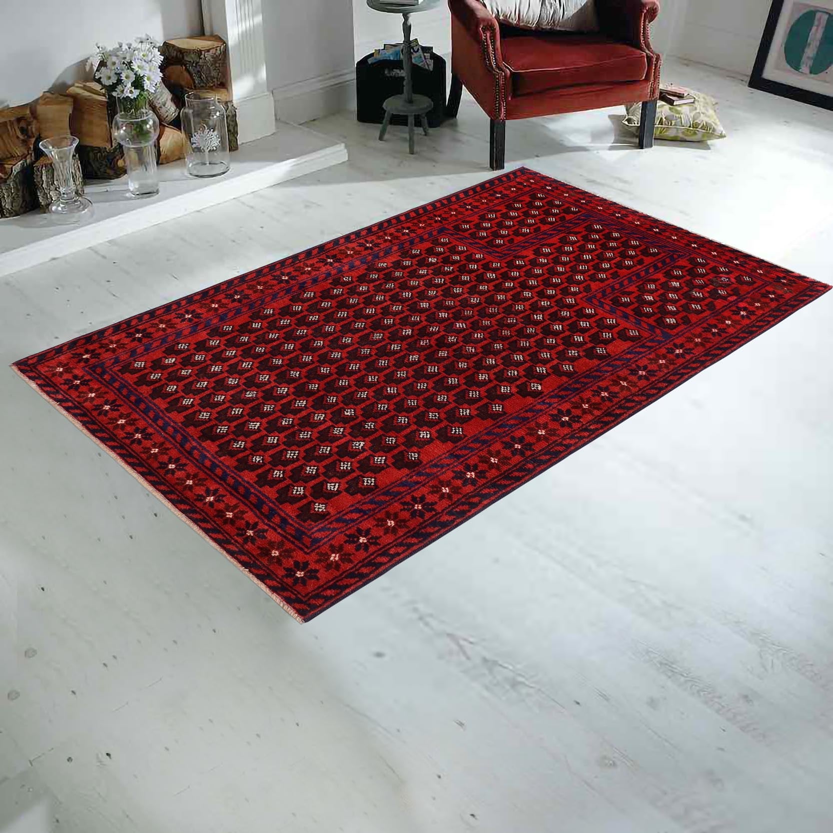 handmade Geometric Balouchi Red Blue Hand Knotted RECTANGLE 100% WOOL area rug 3x5