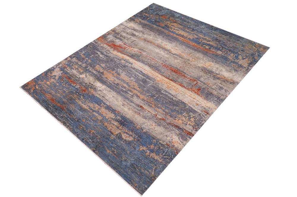 handmade Modern Modern Blue Rust Hand Knotted RECTANGLE WOOL&SILK area rug 10X14