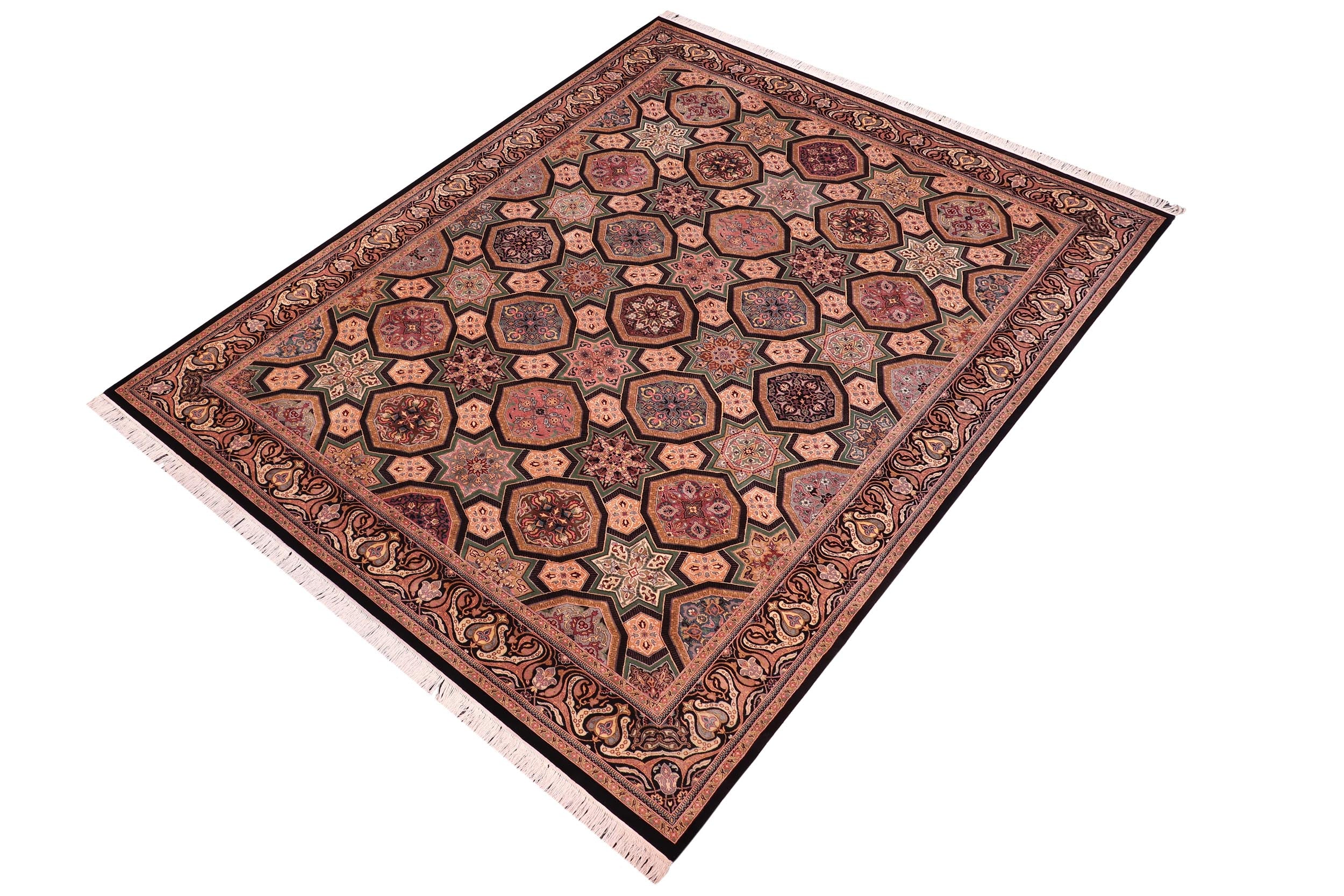 handmade Transitional Mugalart Black Multi Hand Knotted RECTANGLE 100% WOOL area rug 9x12