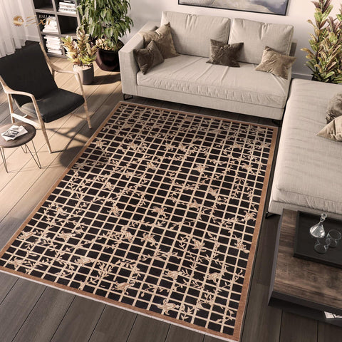 handmade Modern Kafkaz Black Beige Hand Knotted RECTANGLE WOOL&SILK area rug 8' x 10'
