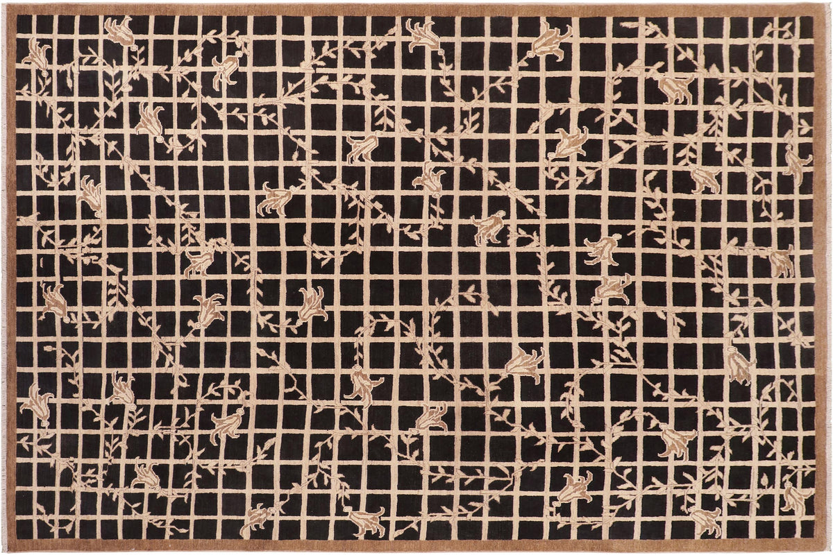 handmade Modern Kafkaz Black Beige Hand Knotted RECTANGLE WOOL&SILK area rug 8' x 10'