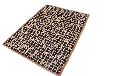 handmade Modern Kafkaz Black Beige Hand Knotted RECTANGLE WOOL&SILK area rug 8' x 10'