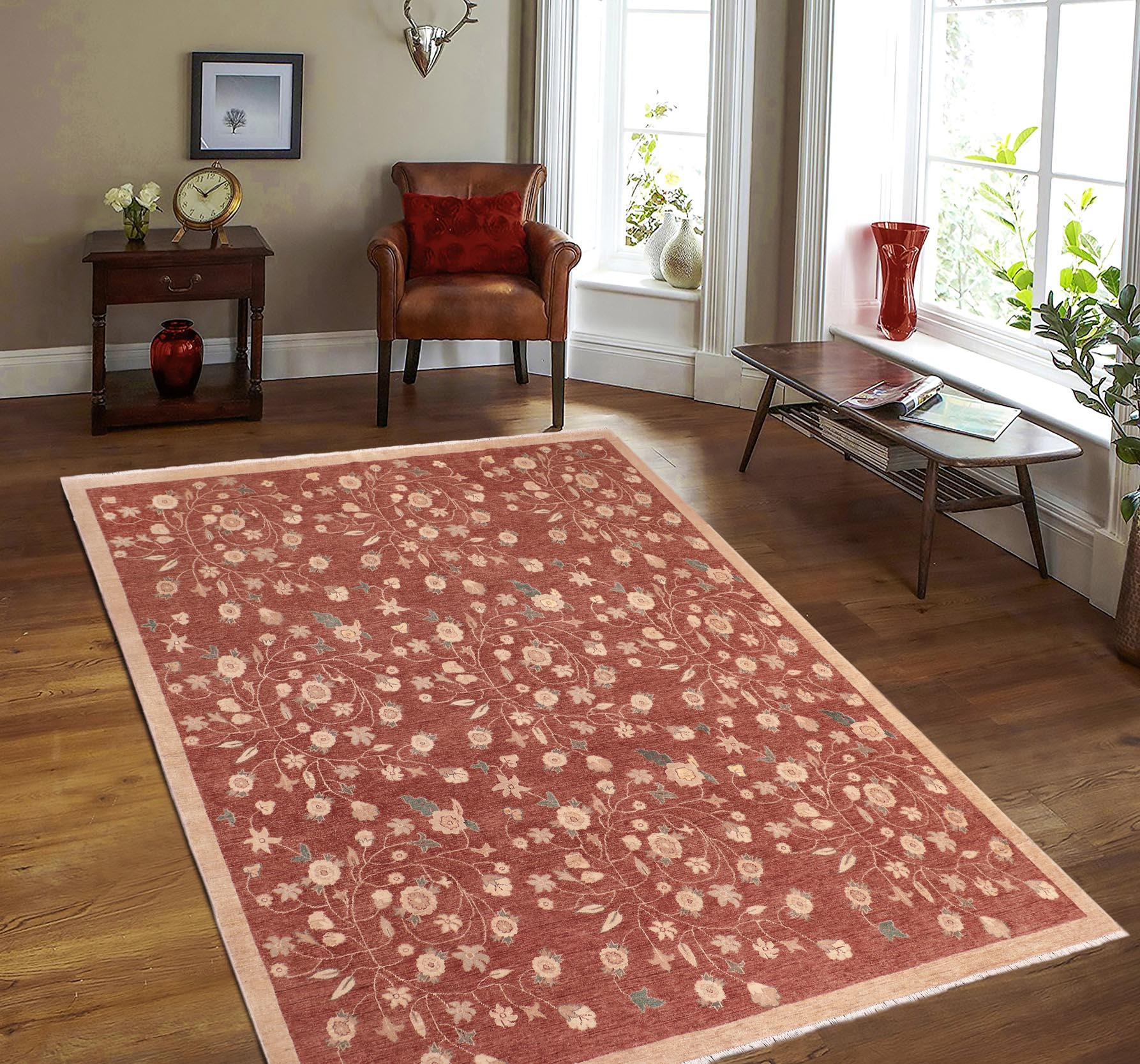 handmade Modern Kafkaz Rust Tan Hand Knotted RECTANGLE 100% WOOL area rug 8' x 10'