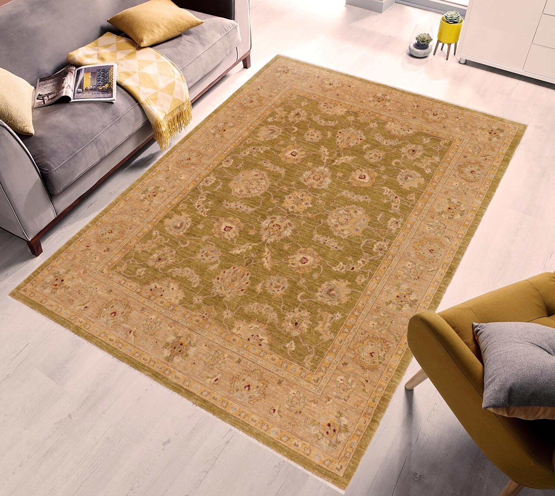 handmade Traditional Kafkaz Green Tan Hand Knotted RECTANGLE 100% WOOL area rug 8x10