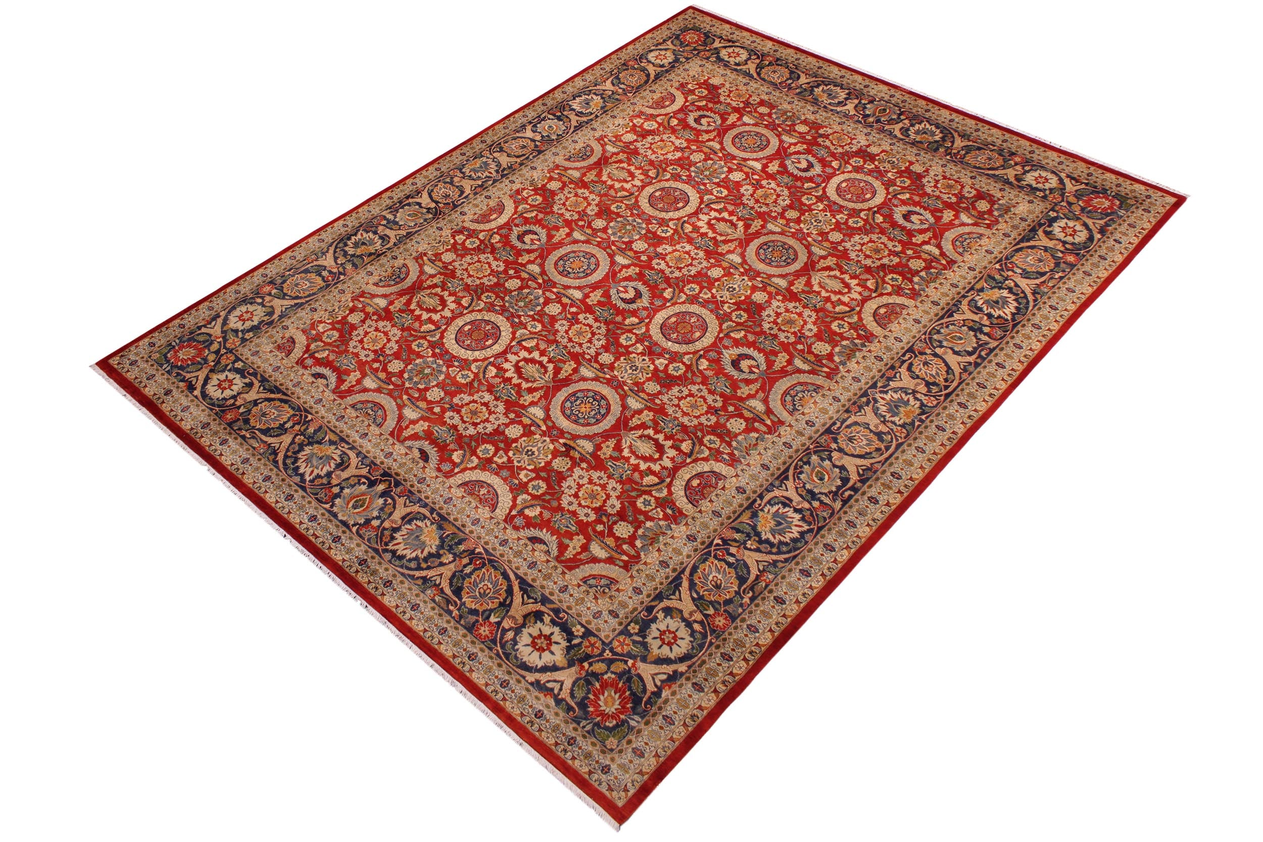 handmade Transitional Agra Tabriz Red Blue Hand Knotted RECTANGLE 100% WOOL area rug 9x12