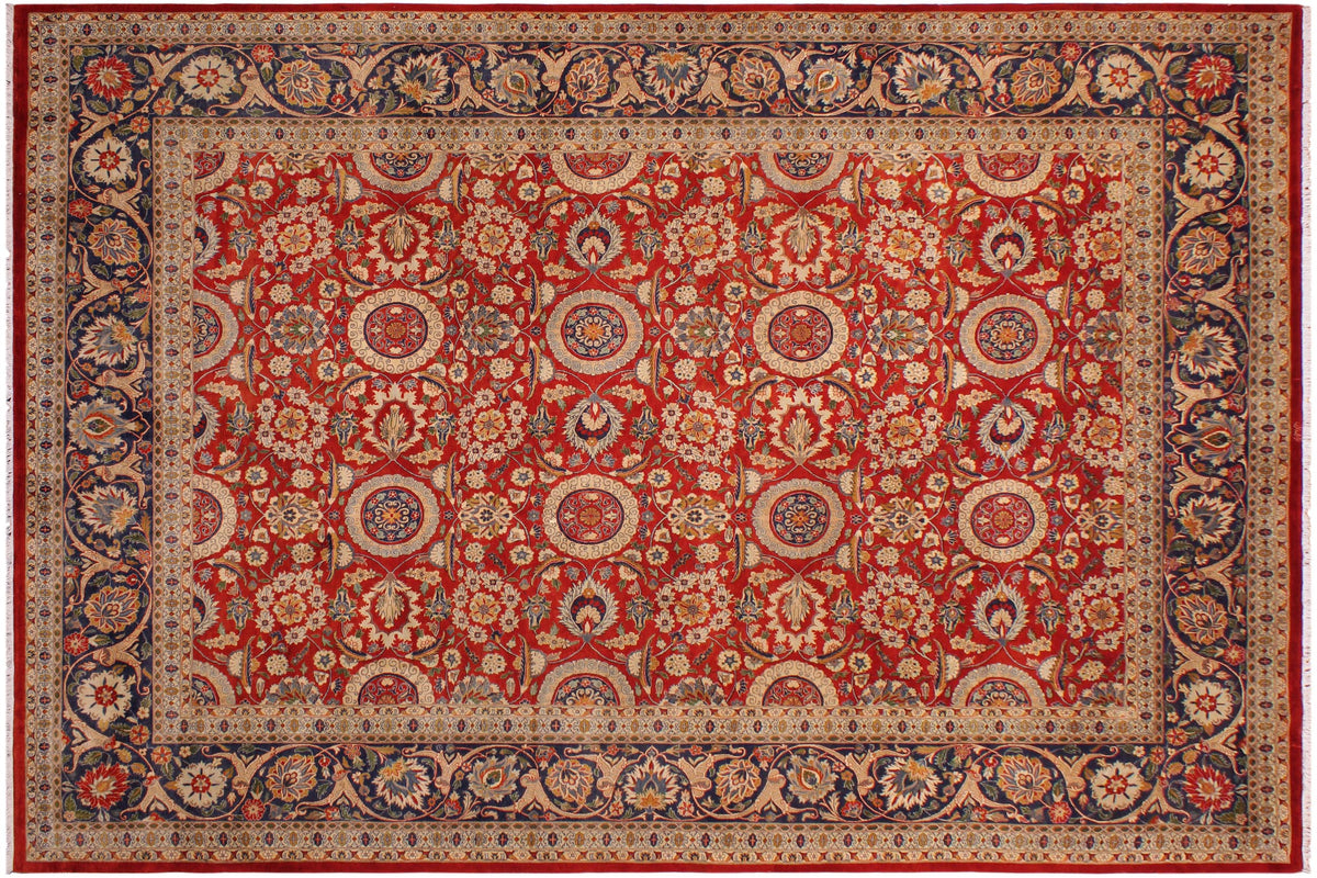 handmade Transitional Agra Tabriz Red Blue Hand Knotted RECTANGLE 100% WOOL area rug 9x12