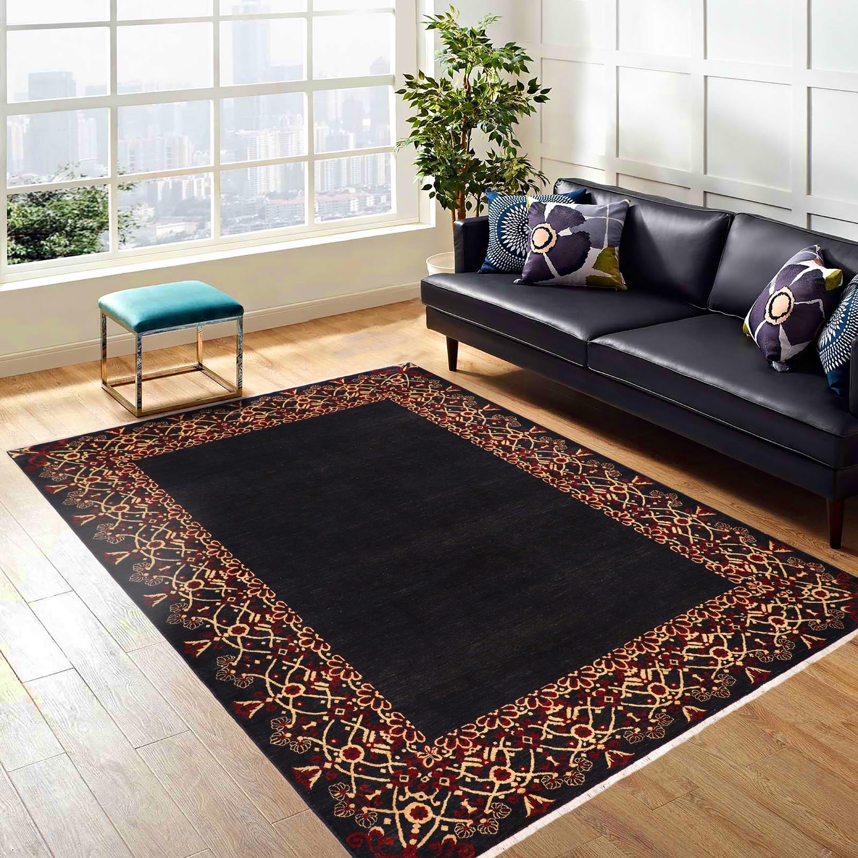 handmade Modern Kafkaz Navy Beige Hand Knotted RECTANGLE 100% WOOL area rug 8' x 10'
