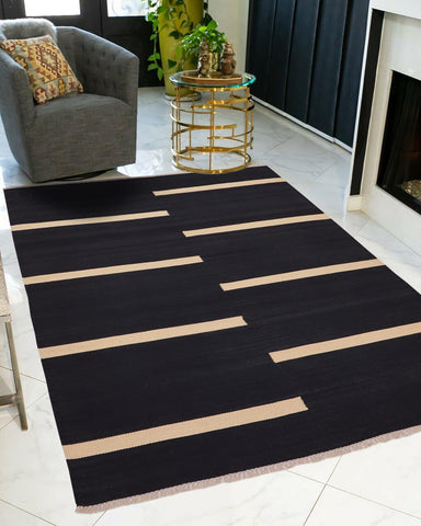 handmade Modern Kilim Black Beige Hand-Woven RECTANGLE 100% WOOL area rug 4x6