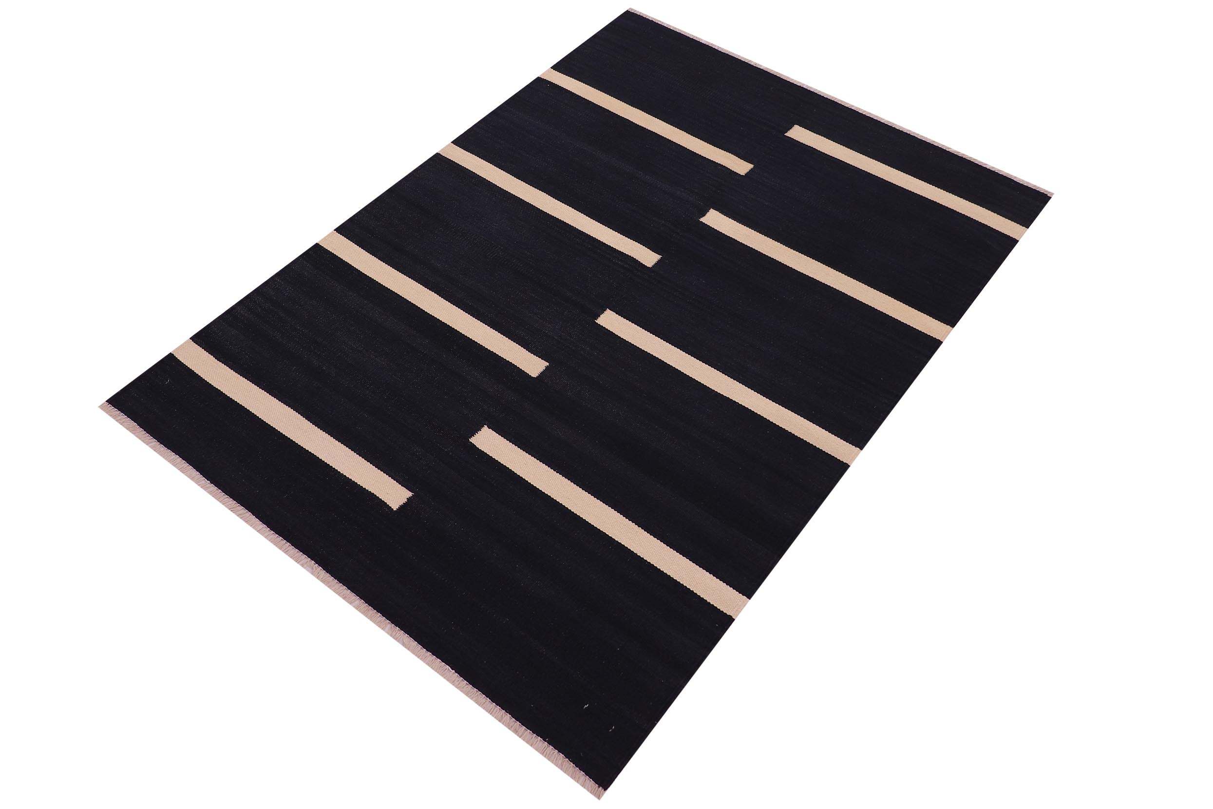 handmade Modern Kilim Black Beige Hand-Woven RECTANGLE 100% WOOL area rug 4x6