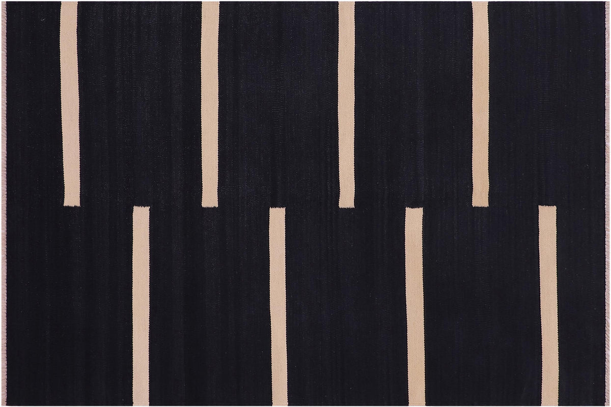 handmade Modern Kilim Black Beige Hand-Woven RECTANGLE 100% WOOL area rug 4x6