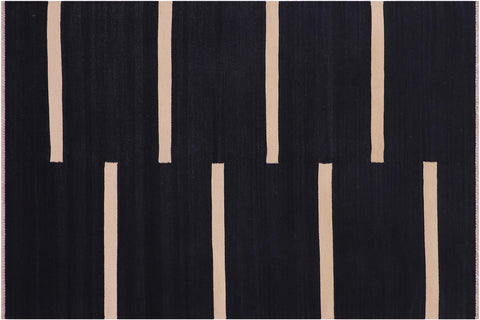 handmade Modern Kilim Black Beige Hand-Woven RECTANGLE 100% WOOL area rug 4x6