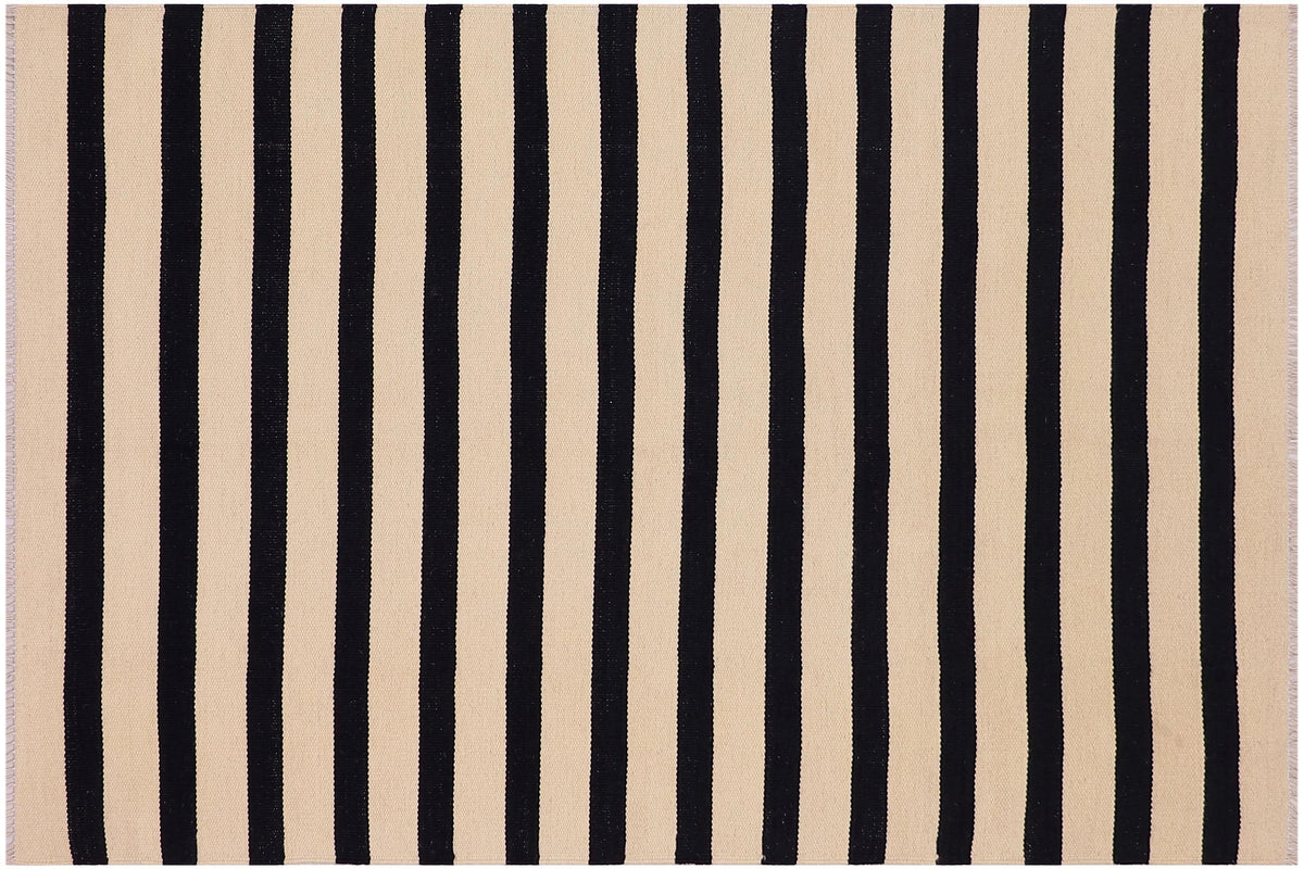 handmade Modern Kilim Beige Black Hand-Woven RECTANGLE 100% WOOL area rug 5x6