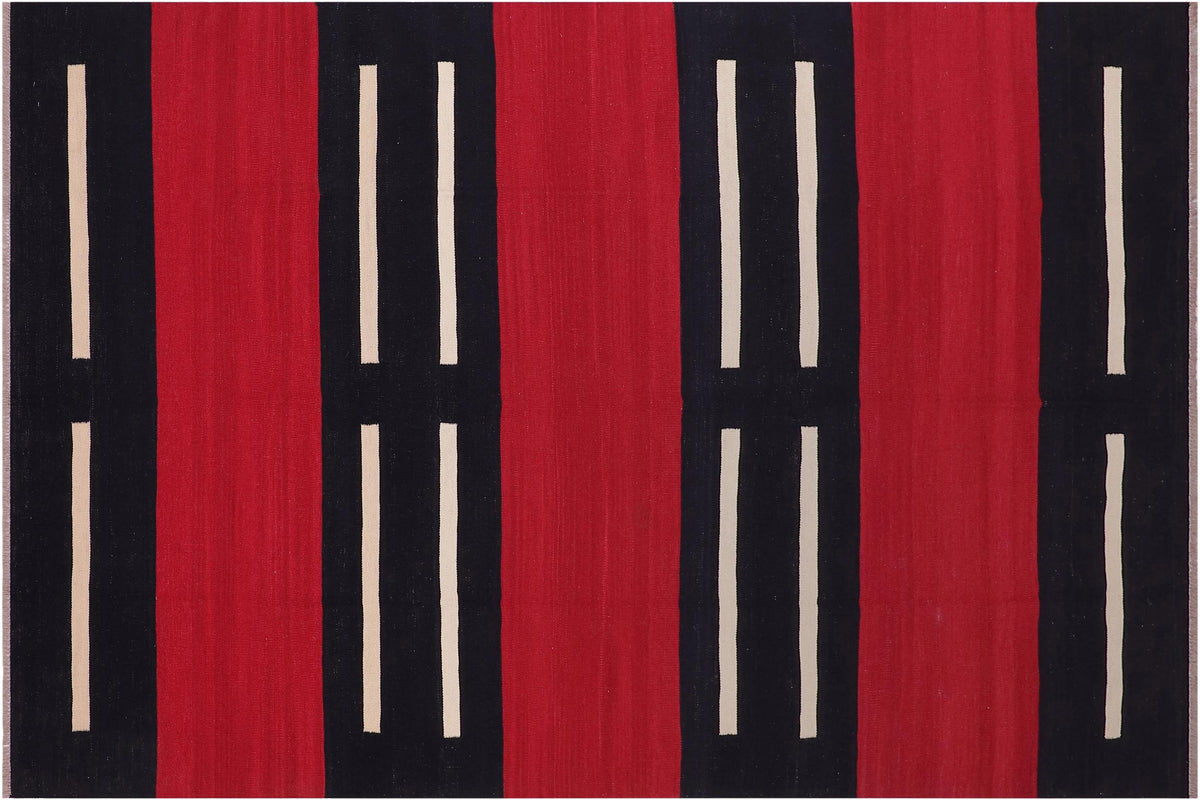 handmade Modern Kilim Red Beige Hand-Woven RECTANGLE 100% WOOL area rug 7 x 10