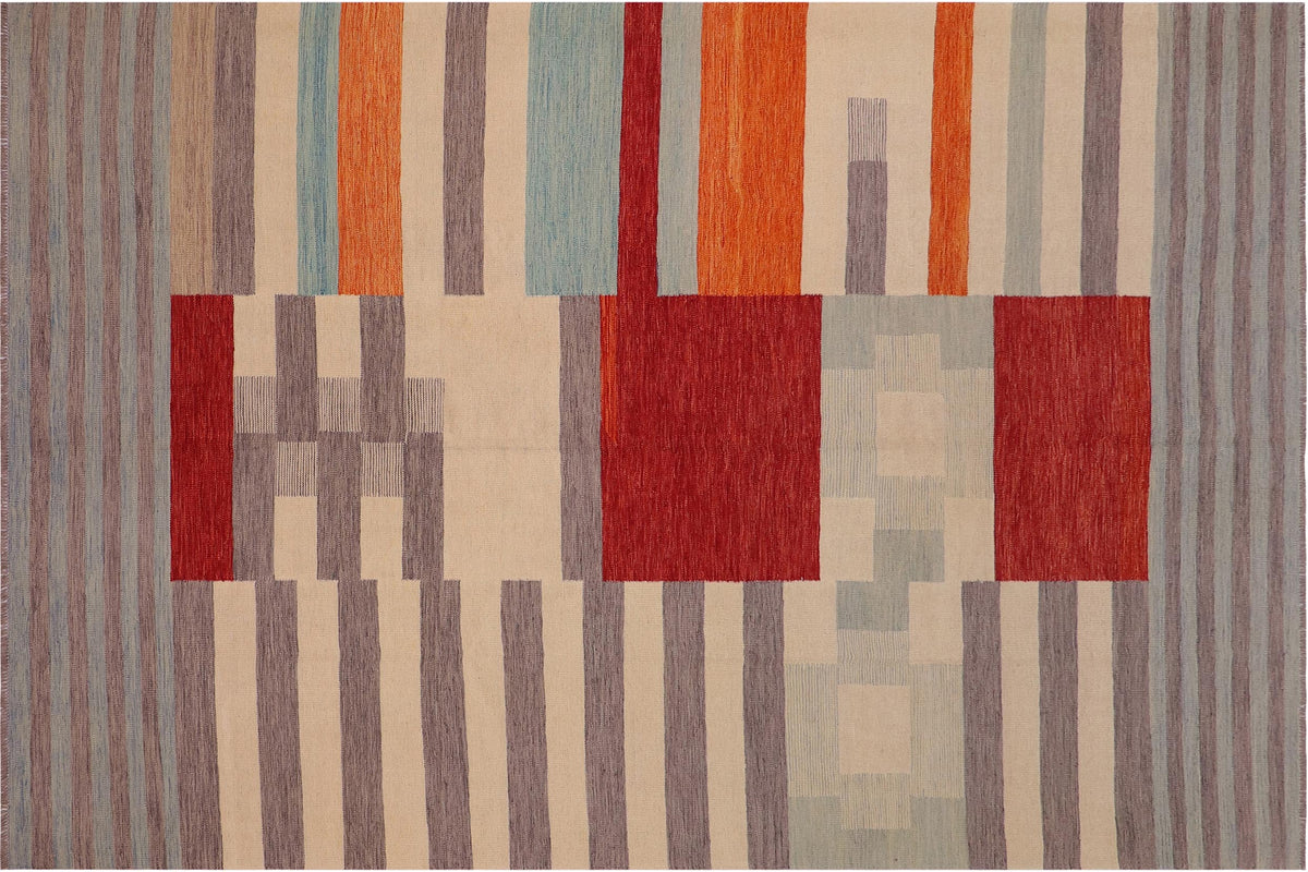 handmade Modern Kilim Blue Gray Hand-Woven RECTANGLE 100% WOOL area rug 8 x 11