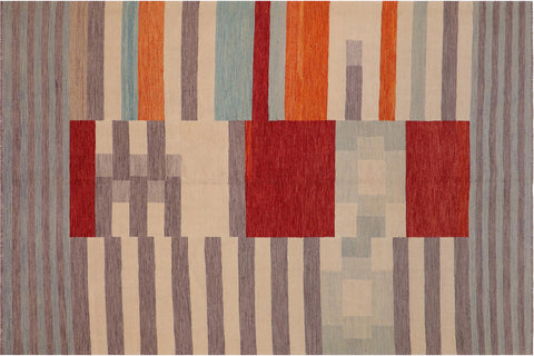 handmade Modern Kilim Blue Gray Hand-Woven RECTANGLE 100% WOOL area rug 8 x 11