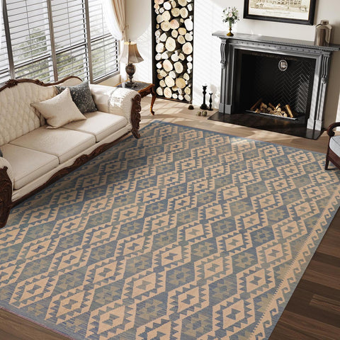 handmade Geometric Kilim Blue Beige Hand-Woven RECTANGLE 100% WOOL area rug 8x10