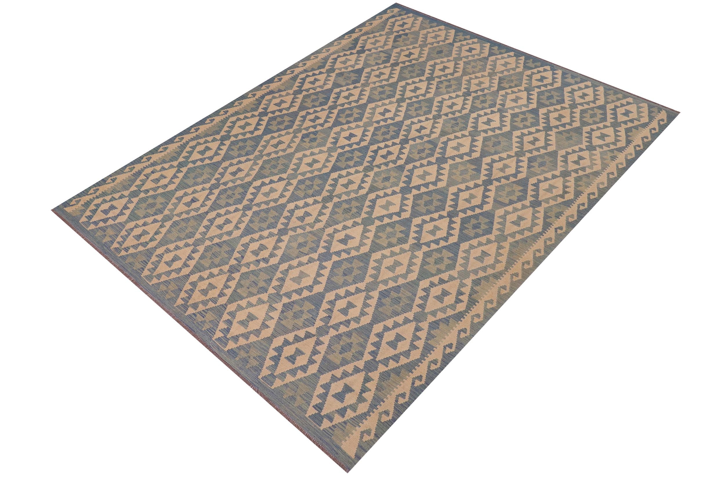 handmade Geometric Kilim Blue Beige Hand-Woven RECTANGLE 100% WOOL area rug 8x10
