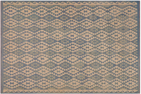 handmade Geometric Kilim Blue Beige Hand-Woven RECTANGLE 100% WOOL area rug 8x10