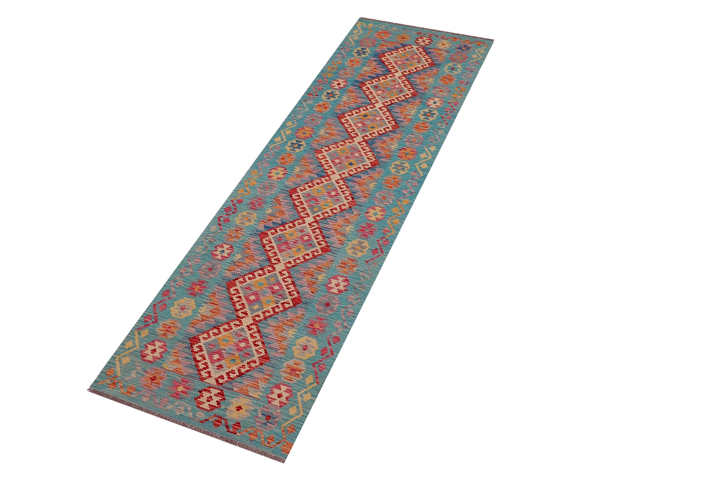 handmade Geometric Kilim Red Blue Hand-Woven RUNNER 100% WOOL area rug 3x10