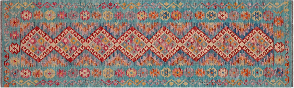 handmade Geometric Kilim Red Blue Hand-Woven RUNNER 100% WOOL area rug 3x10