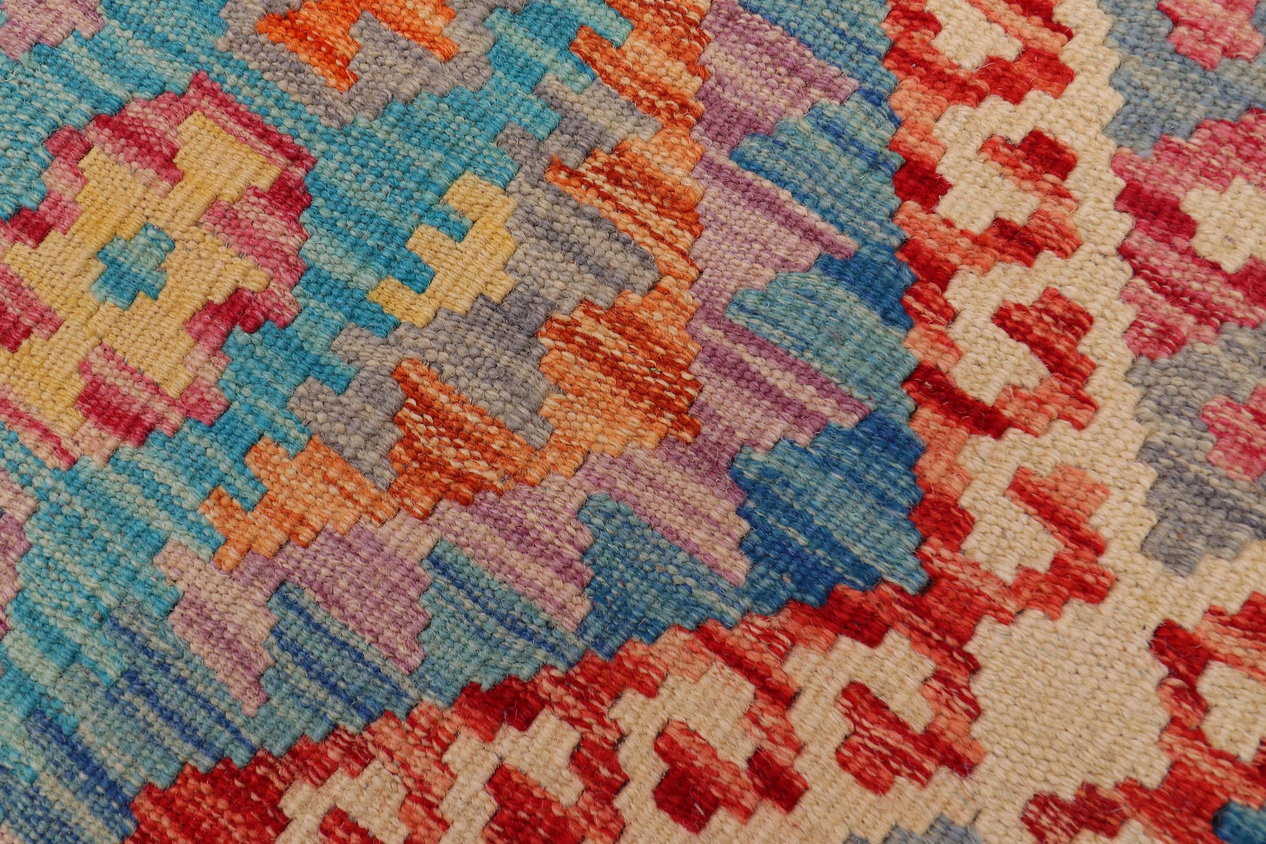 handmade Geometric Kilim Red Blue Hand-Woven RUNNER 100% WOOL area rug 3x10