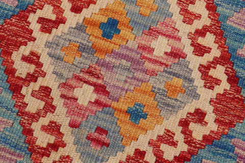 handmade Geometric Kilim Red Blue Hand-Woven RUNNER 100% WOOL area rug 3x10