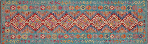handmade Geometric Kilim Red Blue Hand-Woven RUNNER 100% WOOL area rug 3x10