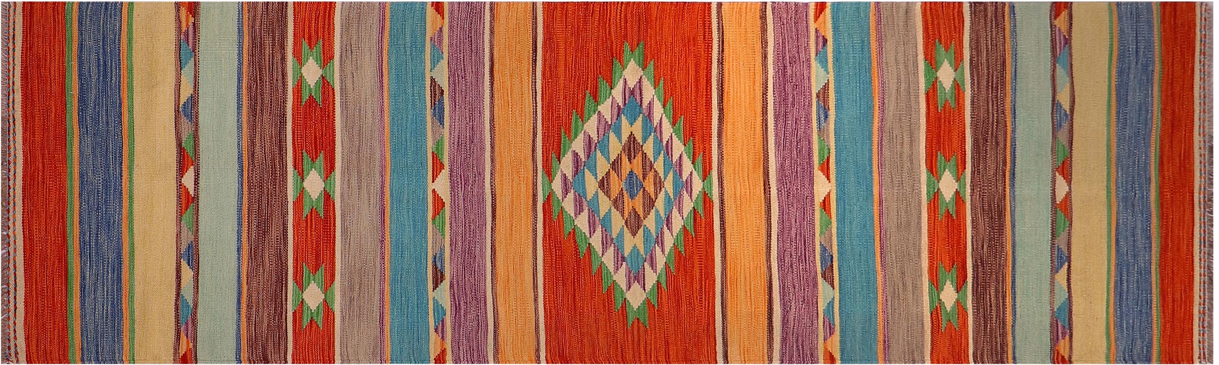 handmade Geometric Kilim Rust Blue Hand-Woven RUNNER 100% WOOL area rug 3x10