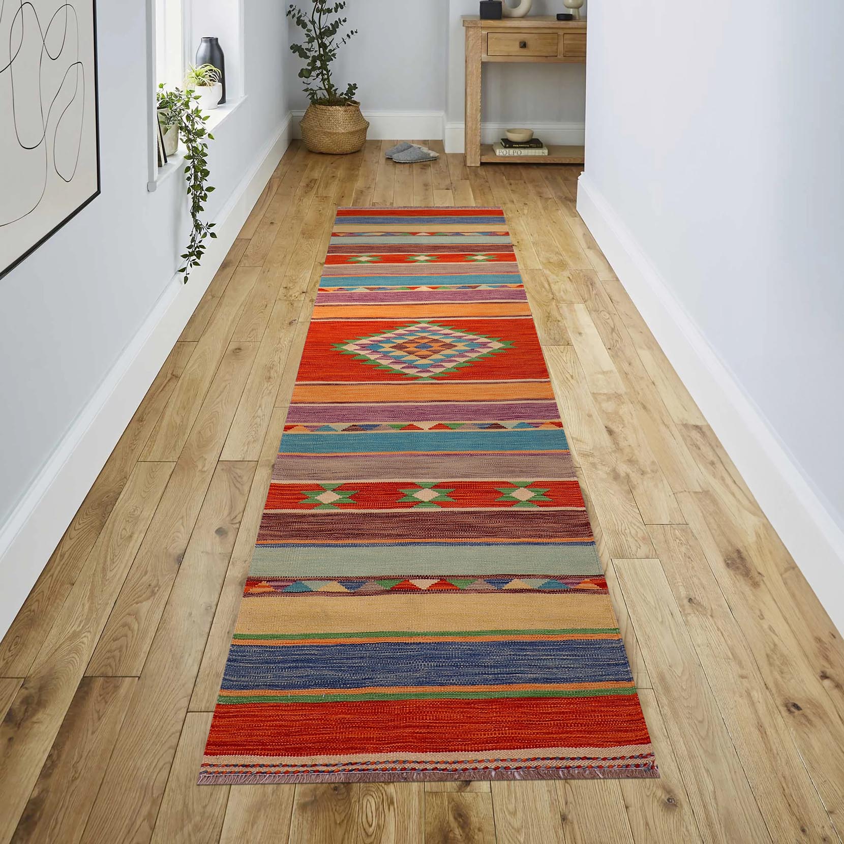 handmade Geometric Kilim Rust Blue Hand-Woven RUNNER 100% WOOL area rug 3x10