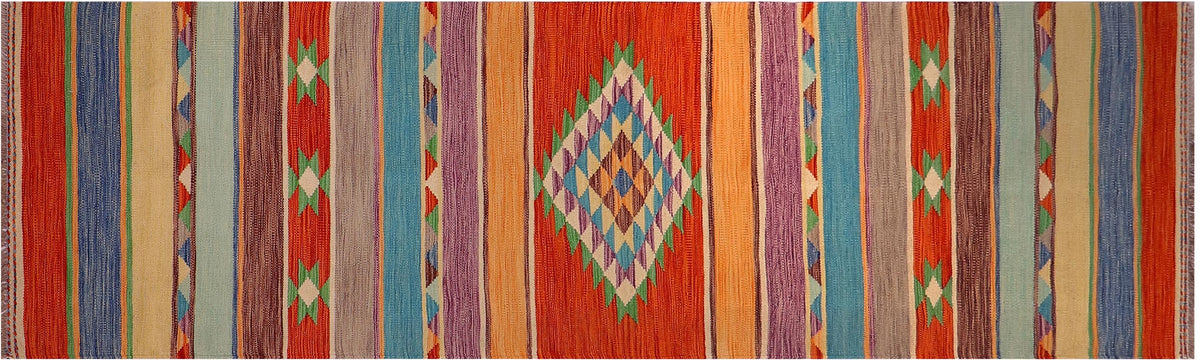 handmade Geometric Kilim Rust Blue Hand-Woven RUNNER 100% WOOL area rug 3x10