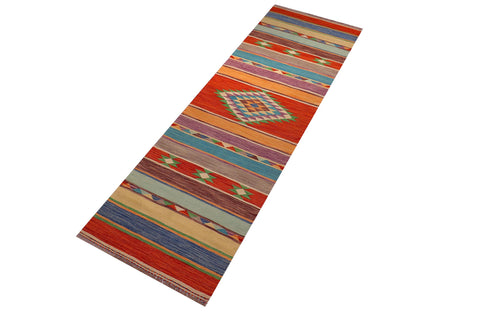 handmade Geometric Kilim Rust Blue Hand-Woven RUNNER 100% WOOL area rug 3x10
