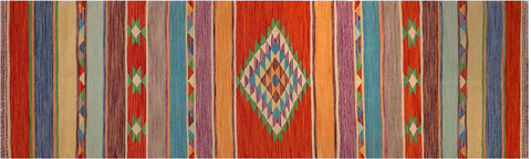 handmade Geometric Kilim Rust Blue Hand-Woven RUNNER 100% WOOL area rug 3x10