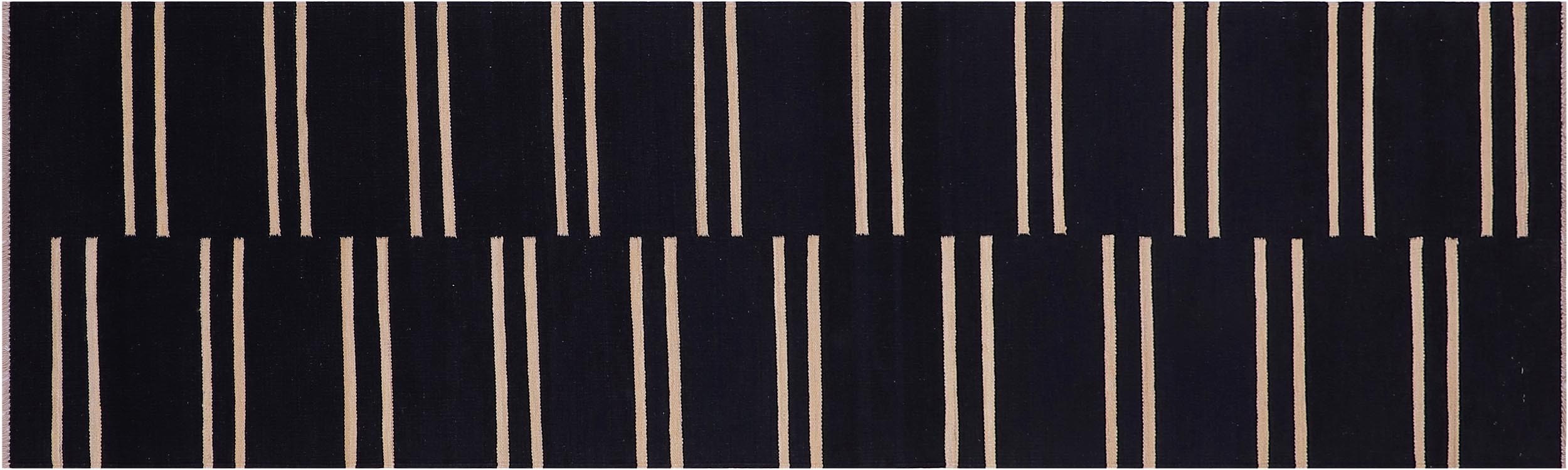 handmade Modern Kilim Black Beige Hand-Woven RUNNER 100% WOOL area rug 3 x 10