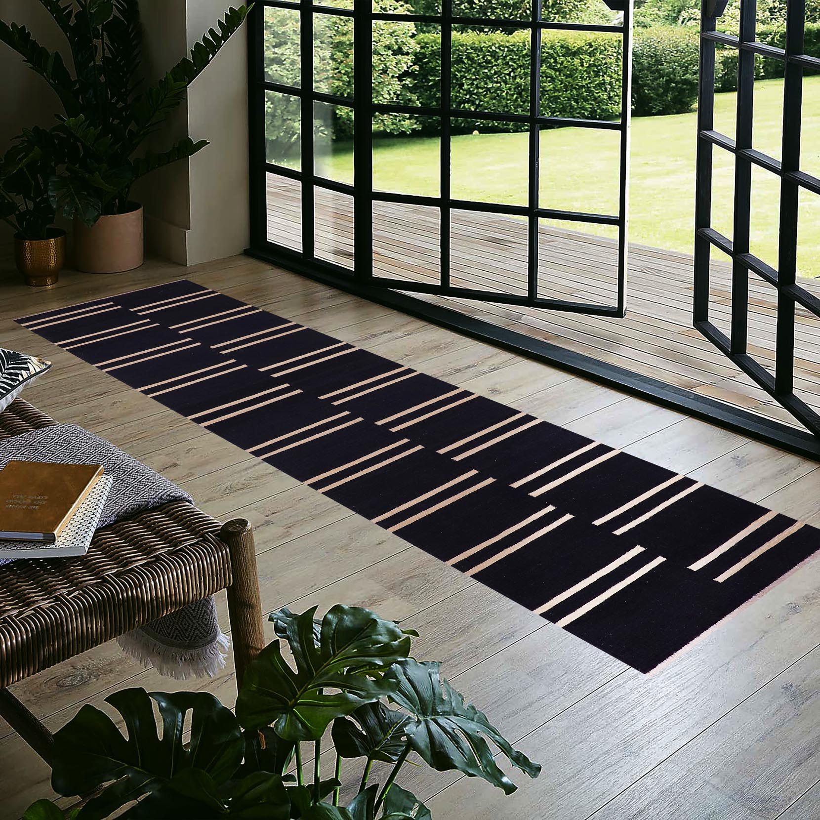 handmade Modern Kilim Black Beige Hand-Woven RUNNER 100% WOOL area rug 3 x 10