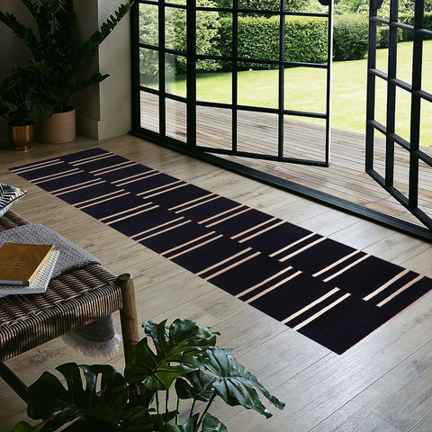 handmade Modern Kilim Black Beige Hand-Woven RUNNER 100% WOOL area rug 3 x 10