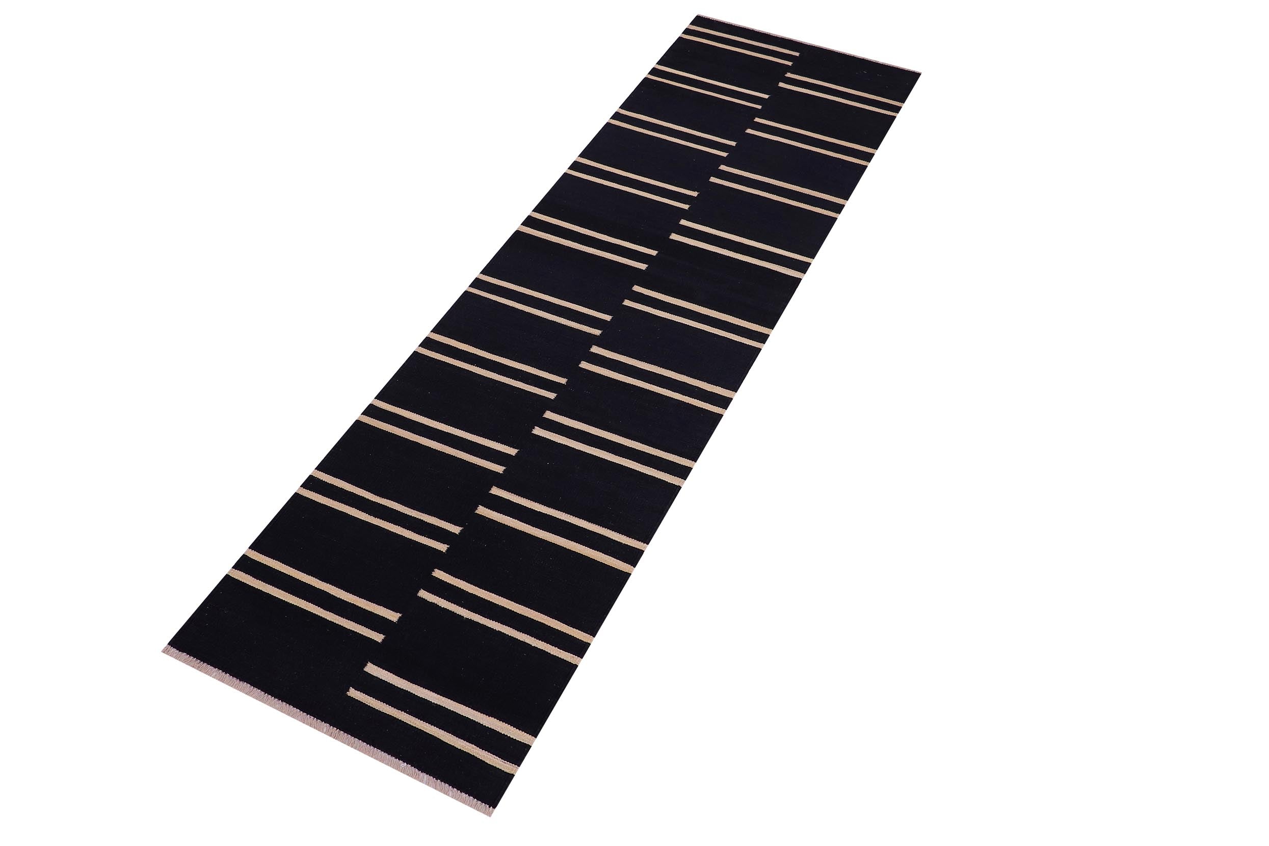 handmade Modern Kilim Black Beige Hand-Woven RUNNER 100% WOOL area rug 3 x 10