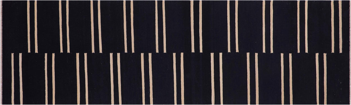 handmade Modern Kilim Black Beige Hand-Woven RUNNER 100% WOOL area rug 3 x 10
