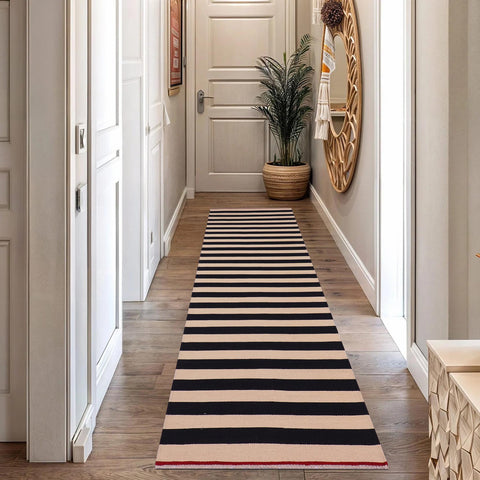 handmade Modern Kilim Beige Black Hand-Woven RUNNER 100% WOOL area rug 3 x 10