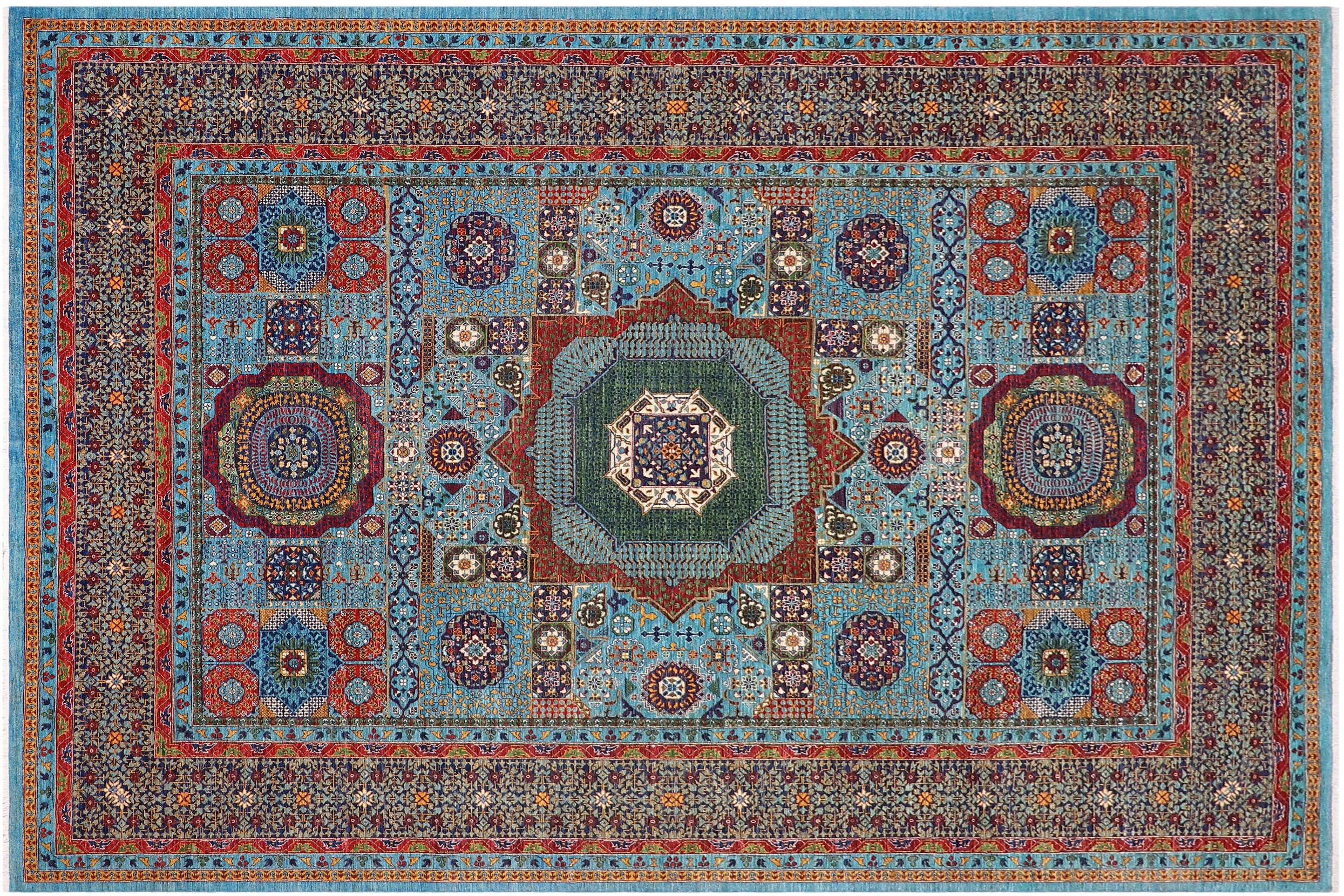 handmade Medallion, Geometric Mamluk Blue Rust Hand Knotted RECTANGLE 100% WOOL area rug 9x13