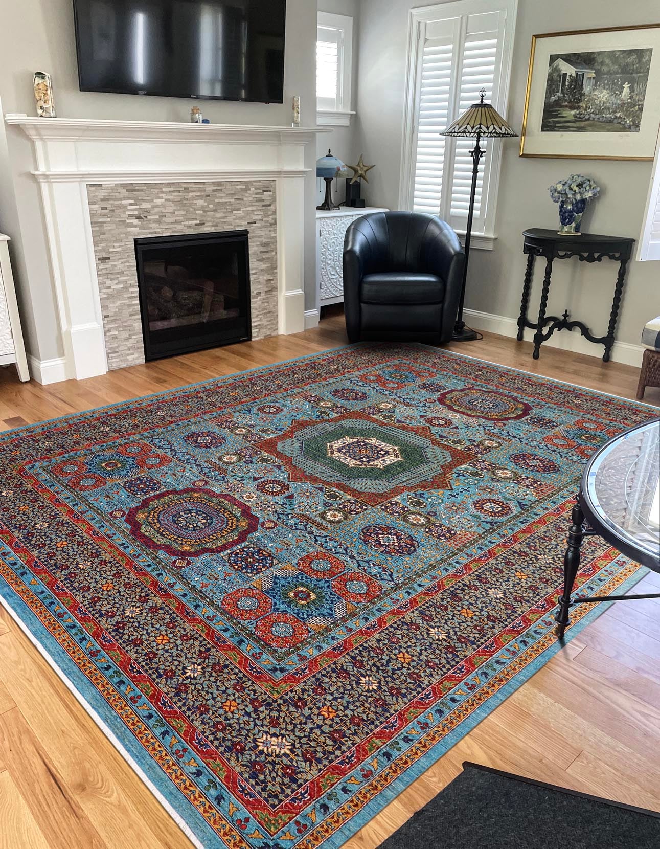 handmade Medallion, Geometric Mamluk Blue Rust Hand Knotted RECTANGLE 100% WOOL area rug 9x13