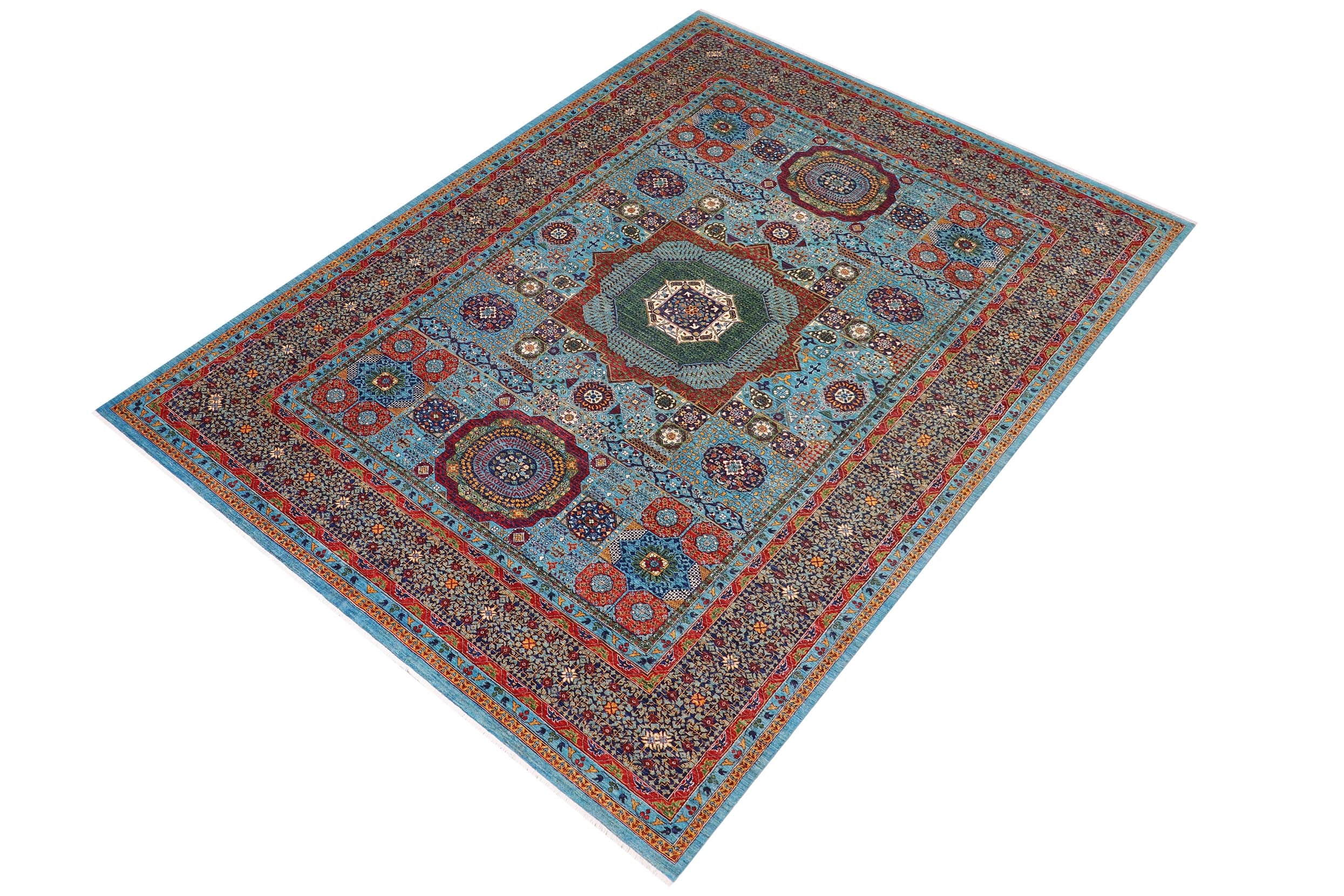 handmade Medallion, Geometric Mamluk Blue Rust Hand Knotted RECTANGLE 100% WOOL area rug 9x13