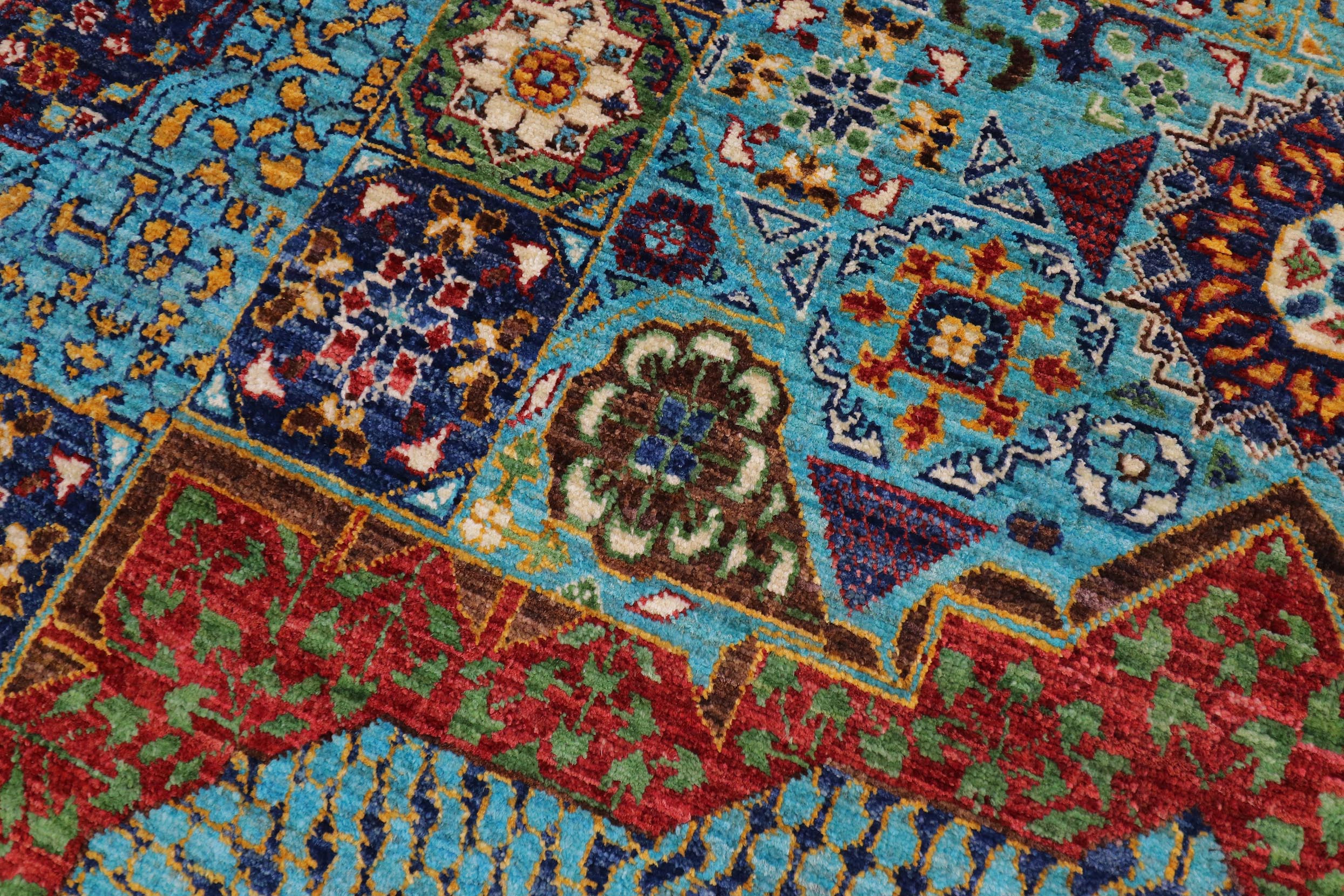 handmade Medallion, Geometric Mamluk Blue Rust Hand Knotted RECTANGLE 100% WOOL area rug 9x13