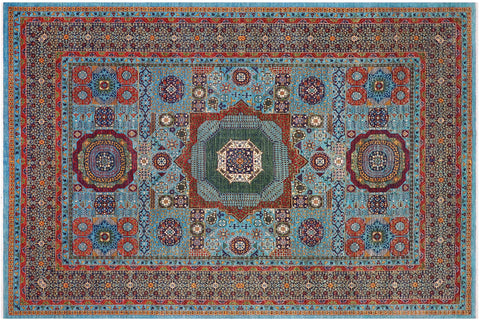 handmade Medallion, Geometric Mamluk Blue Rust Hand Knotted RECTANGLE 100% WOOL area rug 9x13