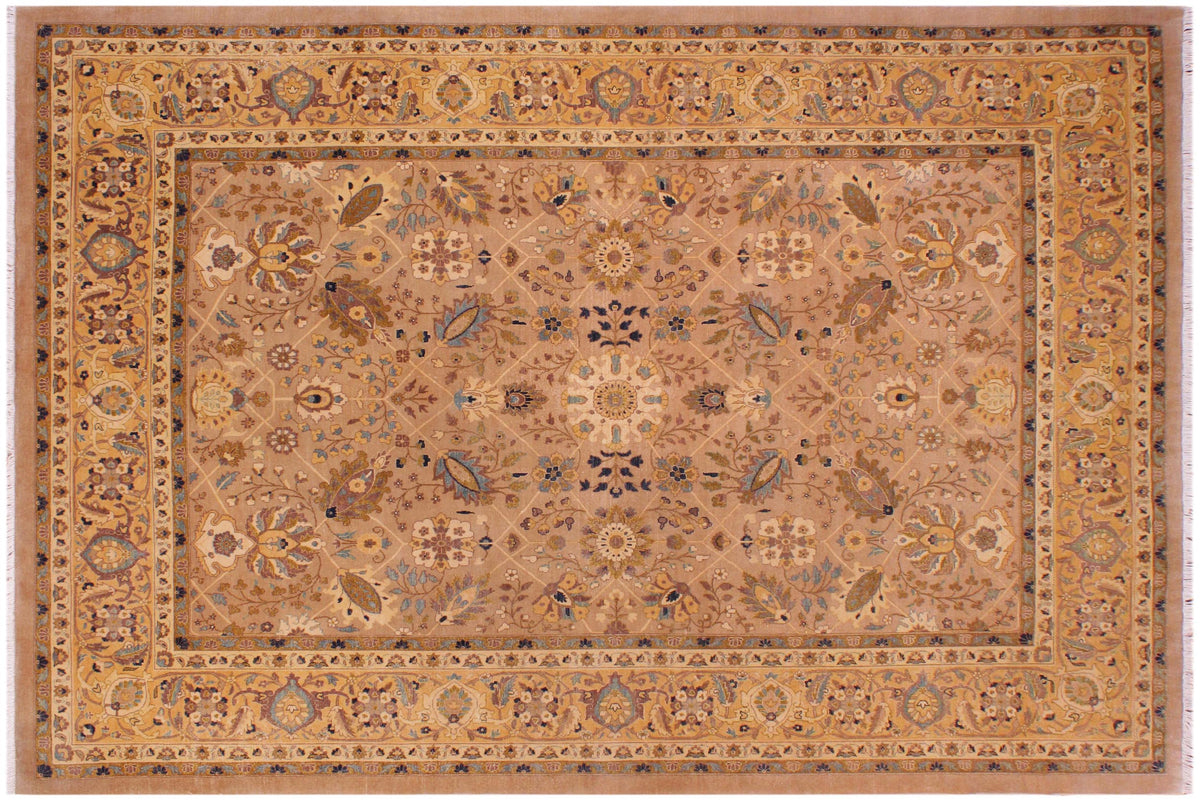 handmade Traditional Lahore Tan Gold Hand Knotted RECTANGLE 100% WOOL area rug 9' x 12'