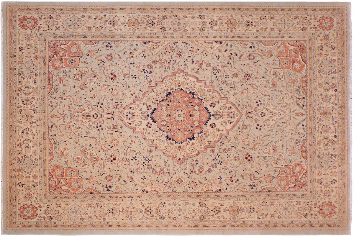 handmade Traditional Lahore Lt. Blue Ivory Hand Knotted RECTANGLE 100% WOOL area rug 9' x 12'