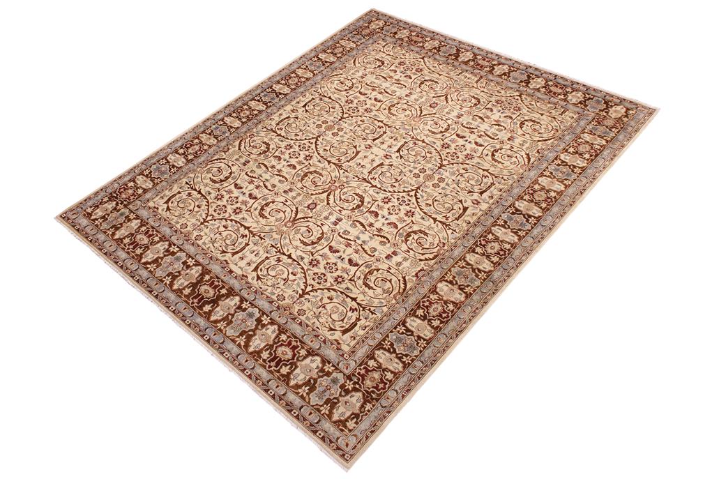 handmade Traditional Lahore Ivory Brown Hand Knotted RECTANGLE 100% WOOL area rug 9'X12'