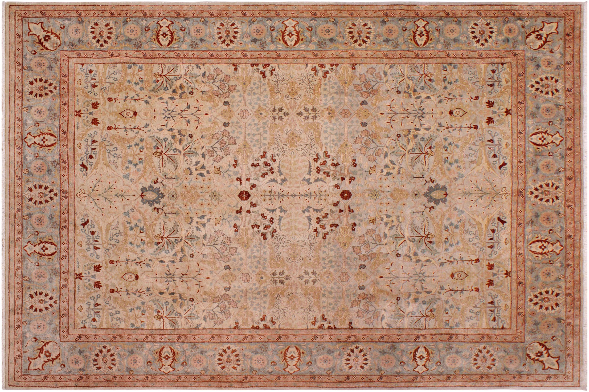 handmade Traditional Lahore Beige Lt. Blue Hand Knotted RECTANGLE 100% WOOL area rug 9' x 12'