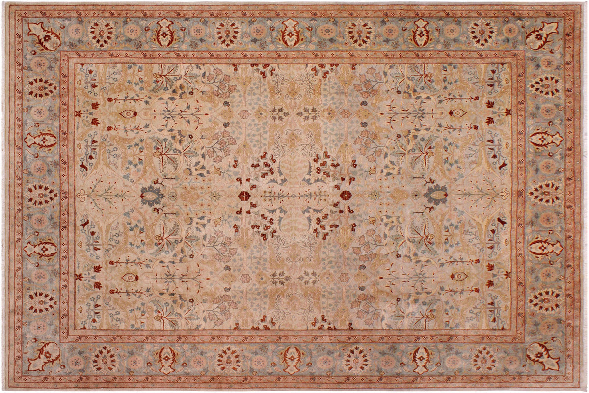 handmade Traditional Lahore Beige Lt. Blue Hand Knotted RECTANGLE 100% WOOL area rug 9' x 12'